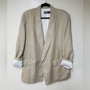 Zara Linen Oversized Open Front Beige Blazer L/XL